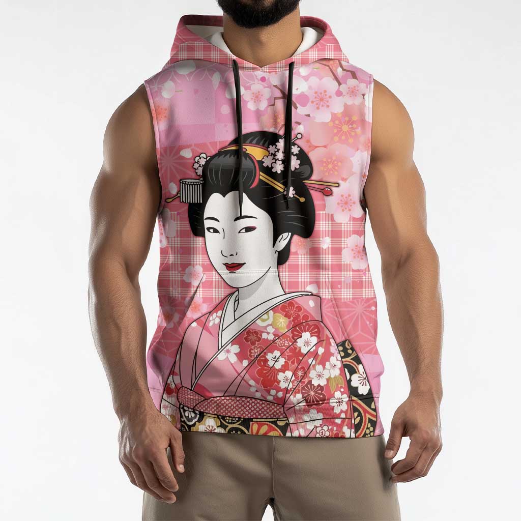 Japanese Geisha Cherry Blossom Sleeveless Hoodie Pink Palaka Hawaii Pattern Fusion Design LT19 - Polynesian Pride