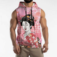 Japanese Geisha Cherry Blossom Sleeveless Hoodie Pink Palaka Hawaii Pattern Fusion Design LT19 - Polynesian Pride