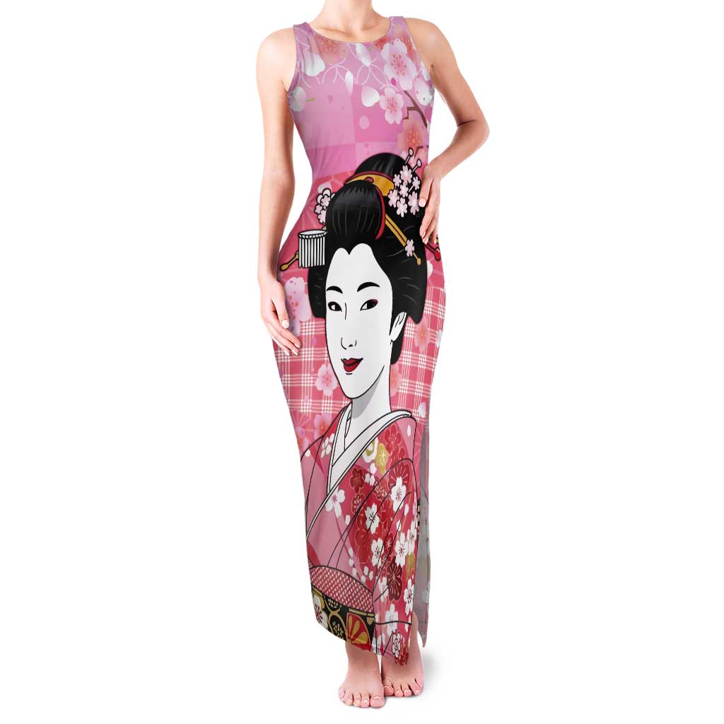 Japanese Geisha Cherry Blossom Tank Maxi Dress Pink Palaka Hawaii Pattern Fusion Design LT19 Women Pink - Polynesian Pride