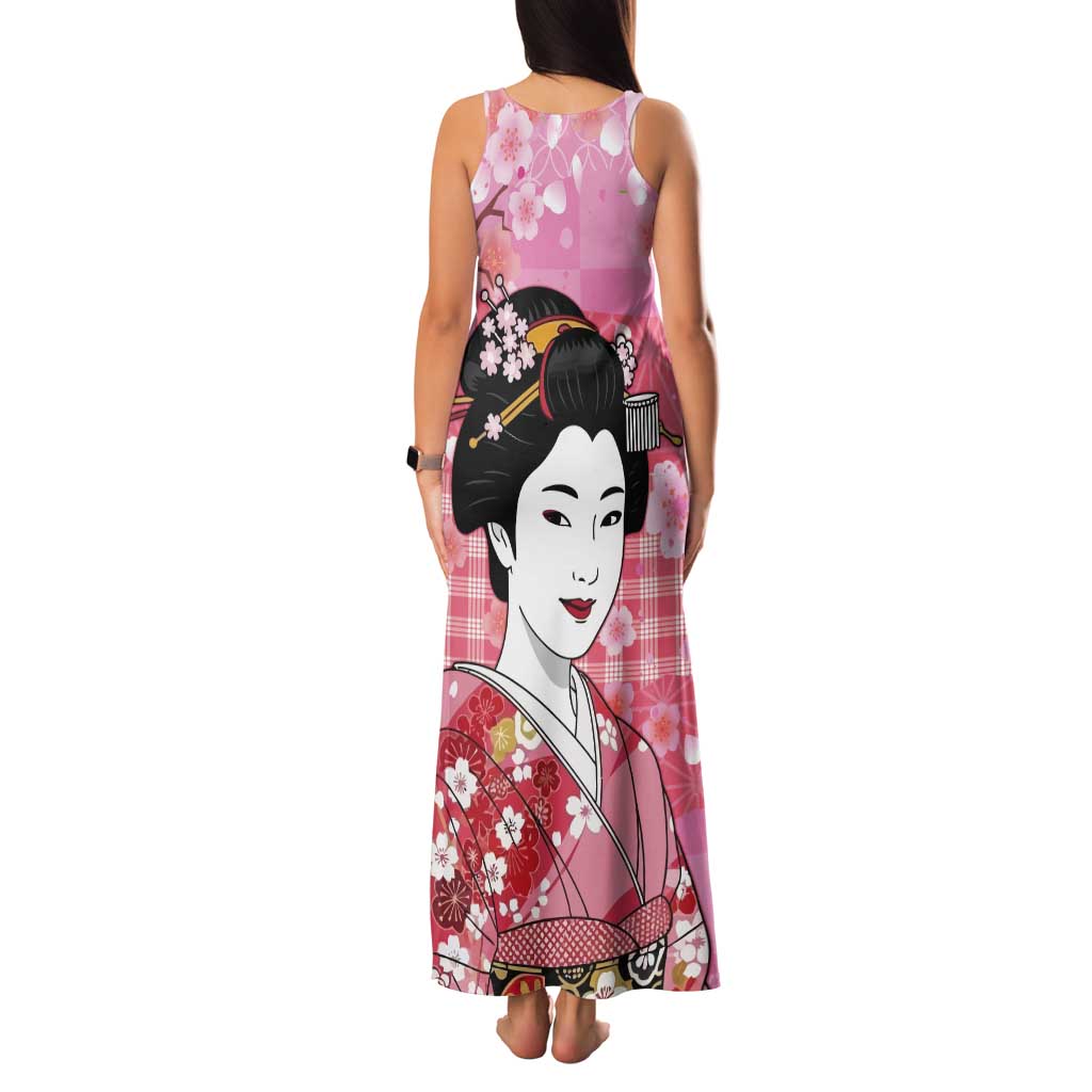 Japanese Geisha Cherry Blossom Tank Maxi Dress Pink Palaka Hawaii Pattern Fusion Design