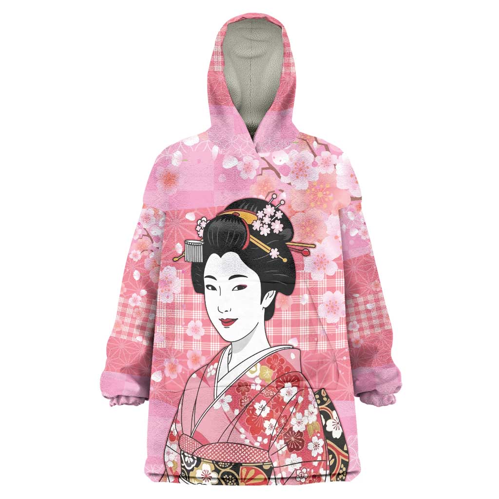 Japanese Geisha Cherry Blossom Wearable Blanket Hoodie Pink Palaka Hawaii Pattern Fusion Design