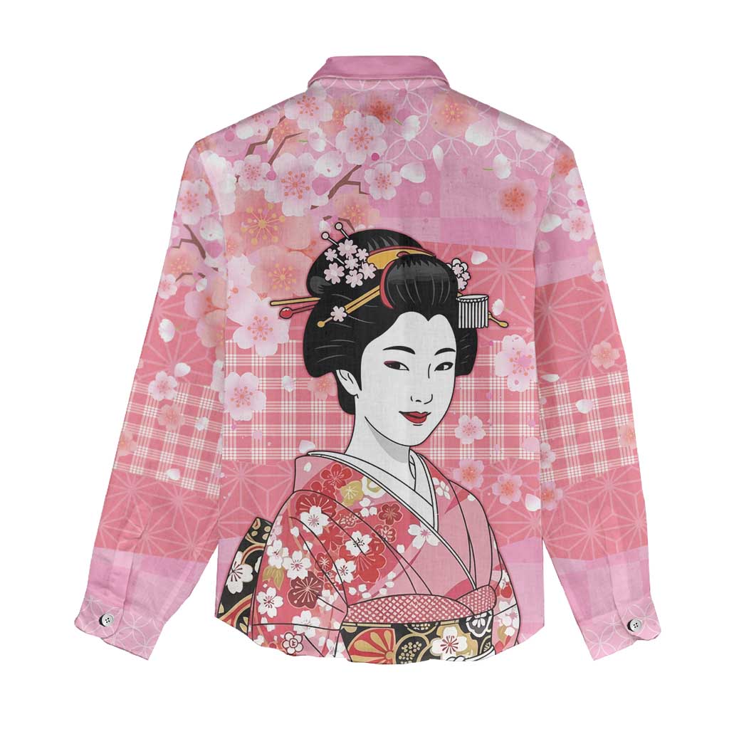 Japanese Geisha Cherry Blossom Women Casual Shirt Pink Palaka Hawaii Pattern Fusion Design LT19 - Polynesian Pride