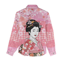 Japanese Geisha Cherry Blossom Women Casual Shirt Pink Palaka Hawaii Pattern Fusion Design LT19 - Polynesian Pride