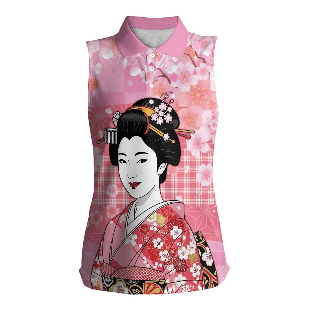 Japanese Geisha Cherry Blossom Women Sleeveless Polo Shirt Pink Palaka Hawaii Pattern Fusion Design LT19 Female Pink - Polynesian Pride