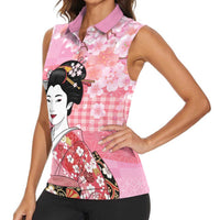 Japanese Geisha Cherry Blossom Women Sleeveless Polo Shirt Pink Palaka Hawaii Pattern Fusion Design LT19 - Polynesian Pride