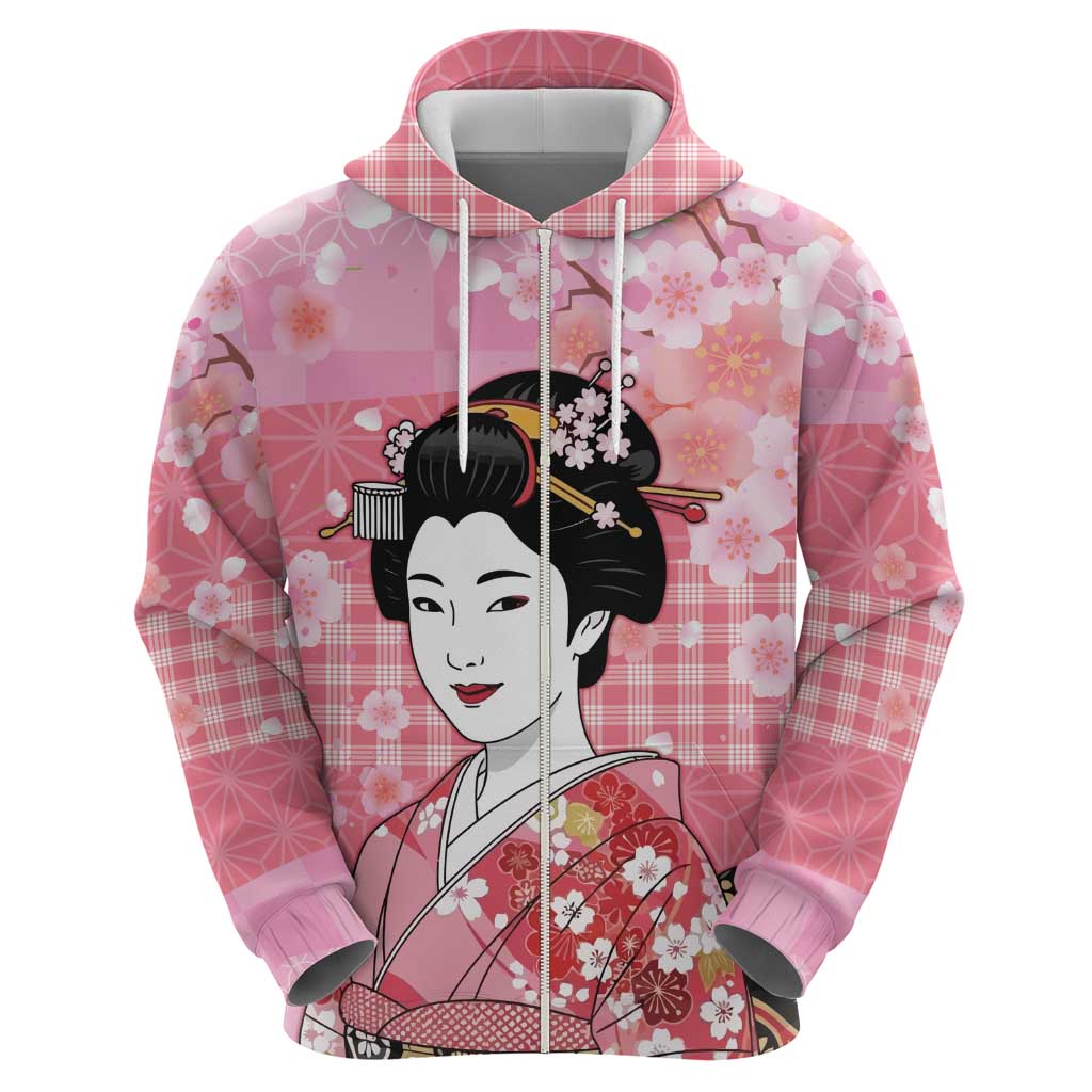 Japanese Geisha Cherry Blossom Zip Hoodie Pink Palaka Hawaii Pattern Fusion Design