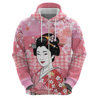 Japanese Geisha Cherry Blossom Zip Hoodie Pink Palaka Hawaii Pattern Fusion Design