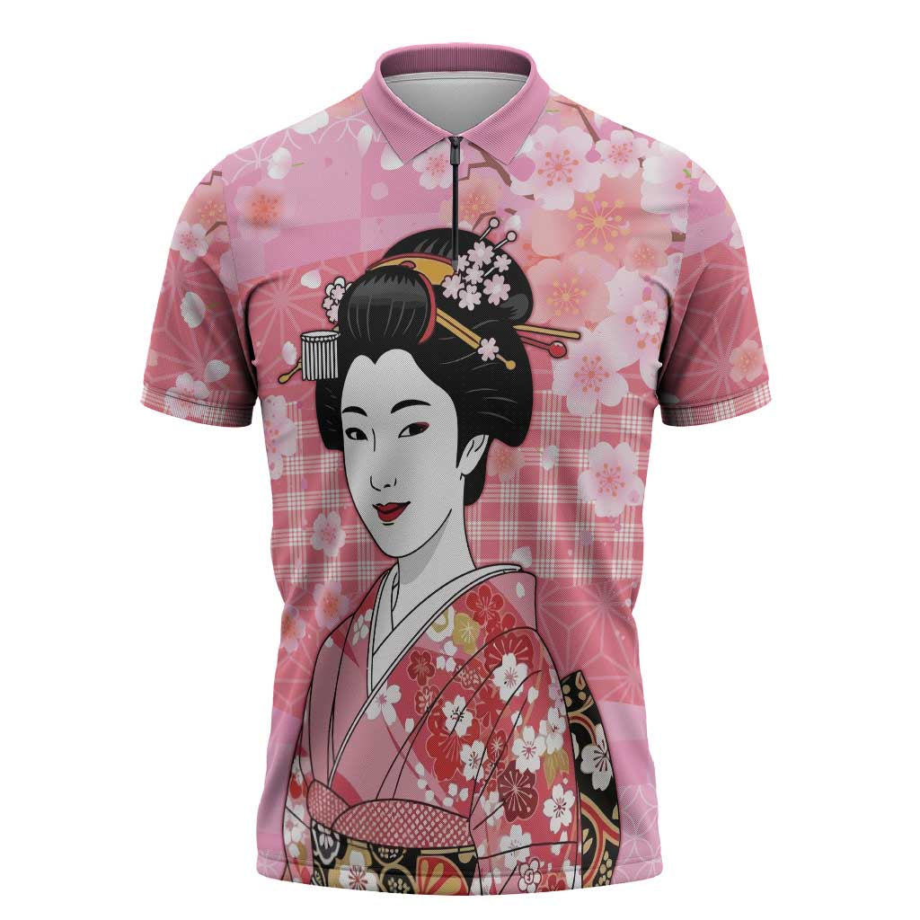 Japanese Geisha Cherry Blossom Zipper Polo Shirt Pink Palaka Hawaii Pattern Fusion Design LT19 Pink - Polynesian Pride