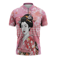 Japanese Geisha Cherry Blossom Zipper Polo Shirt Pink Palaka Hawaii Pattern Fusion Design LT19 Pink - Polynesian Pride