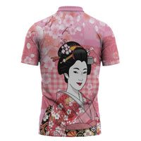 Japanese Geisha Cherry Blossom Zipper Polo Shirt Pink Palaka Hawaii Pattern Fusion Design LT19 - Polynesian Pride