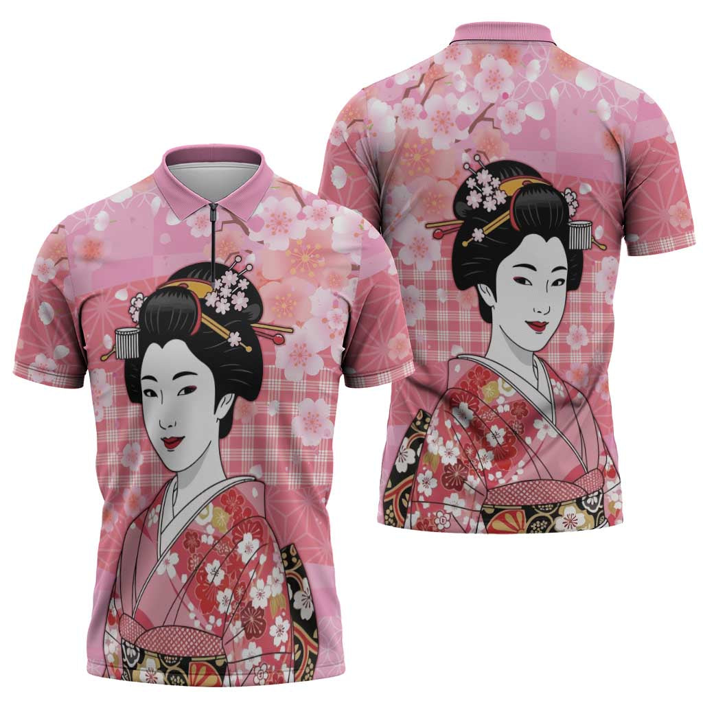 Japanese Geisha Cherry Blossom Zipper Polo Shirt Pink Palaka Hawaii Pattern Fusion Design LT19 - Polynesian Pride