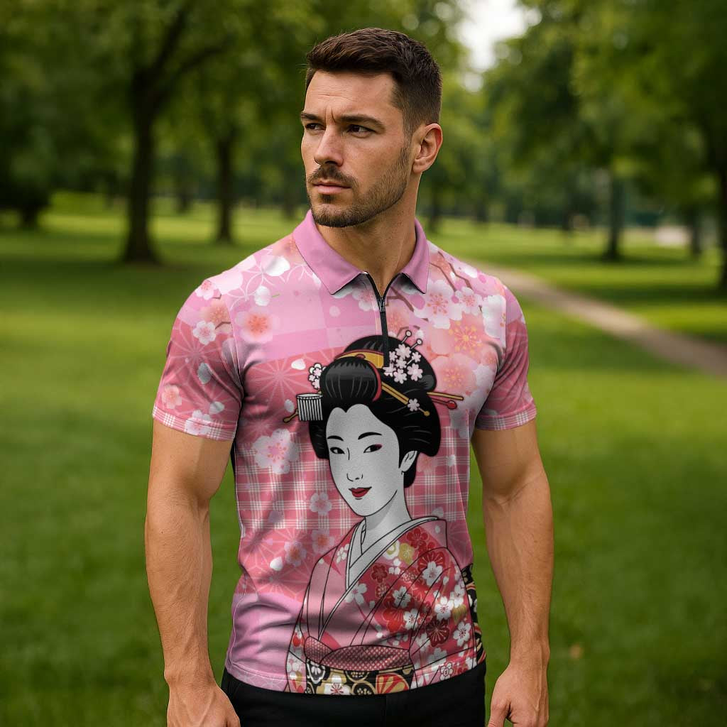 Japanese Geisha Cherry Blossom Zipper Polo Shirt Pink Palaka Hawaii Pattern Fusion Design LT19 - Polynesian Pride