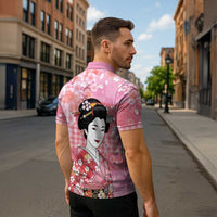 Japanese Geisha Cherry Blossom Zipper Polo Shirt Pink Palaka Hawaii Pattern Fusion Design LT19 - Polynesian Pride