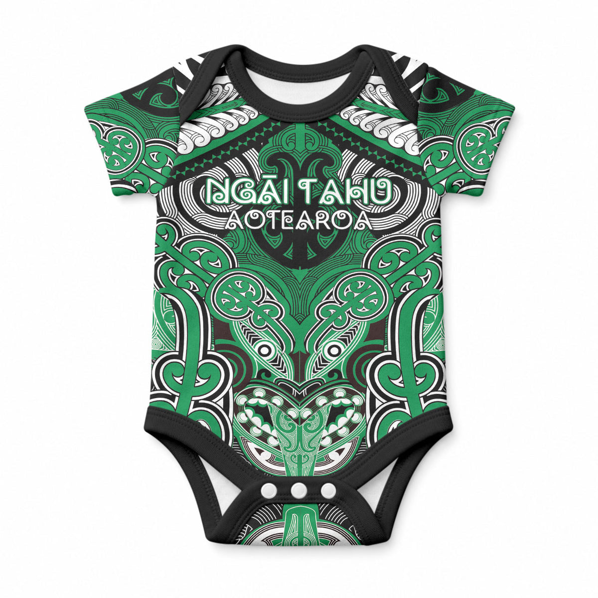 Aotearoa Iwi Ngai Tahu Personalised Baby Onesie Maori Kowhaiwhai Pattern LT19 Green - Polynesian Pride