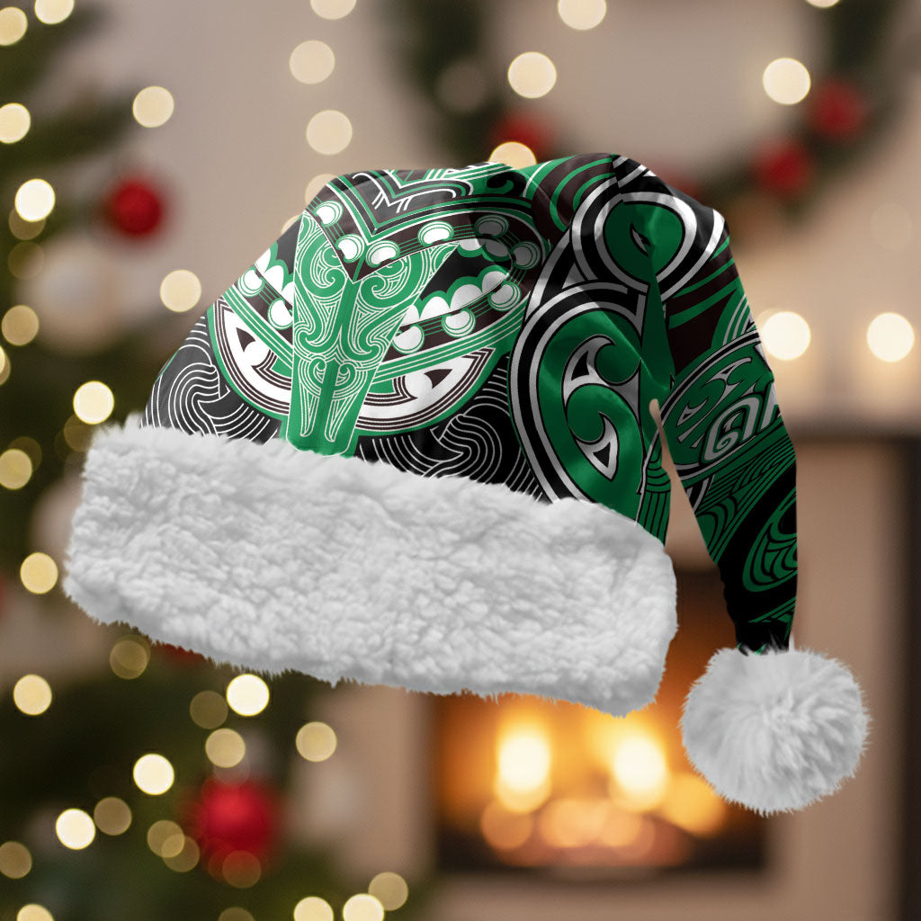 Aotearoa Iwi Ngai Tahu Personalised Christmas Santa Hat Maori Kowhaiwhai Pattern LT19 With Fur Green - Polynesian Pride