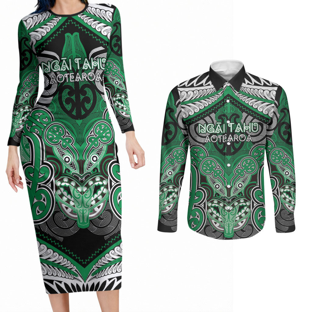 Aotearoa Iwi Ngai Tahu Personalised Couples Matching Long Sleeve Bodycon Dress and Long Sleeve Button Shirt Maori Kowhaiwhai Pattern LT19 Green - Polynesian Pride