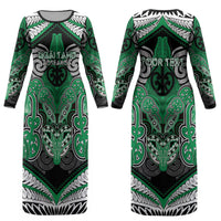 Aotearoa Iwi Ngai Tahu Personalised Couples Matching Long Sleeve Bodycon Dress and Long Sleeve Button Shirt Maori Kowhaiwhai Pattern LT19 - Polynesian Pride
