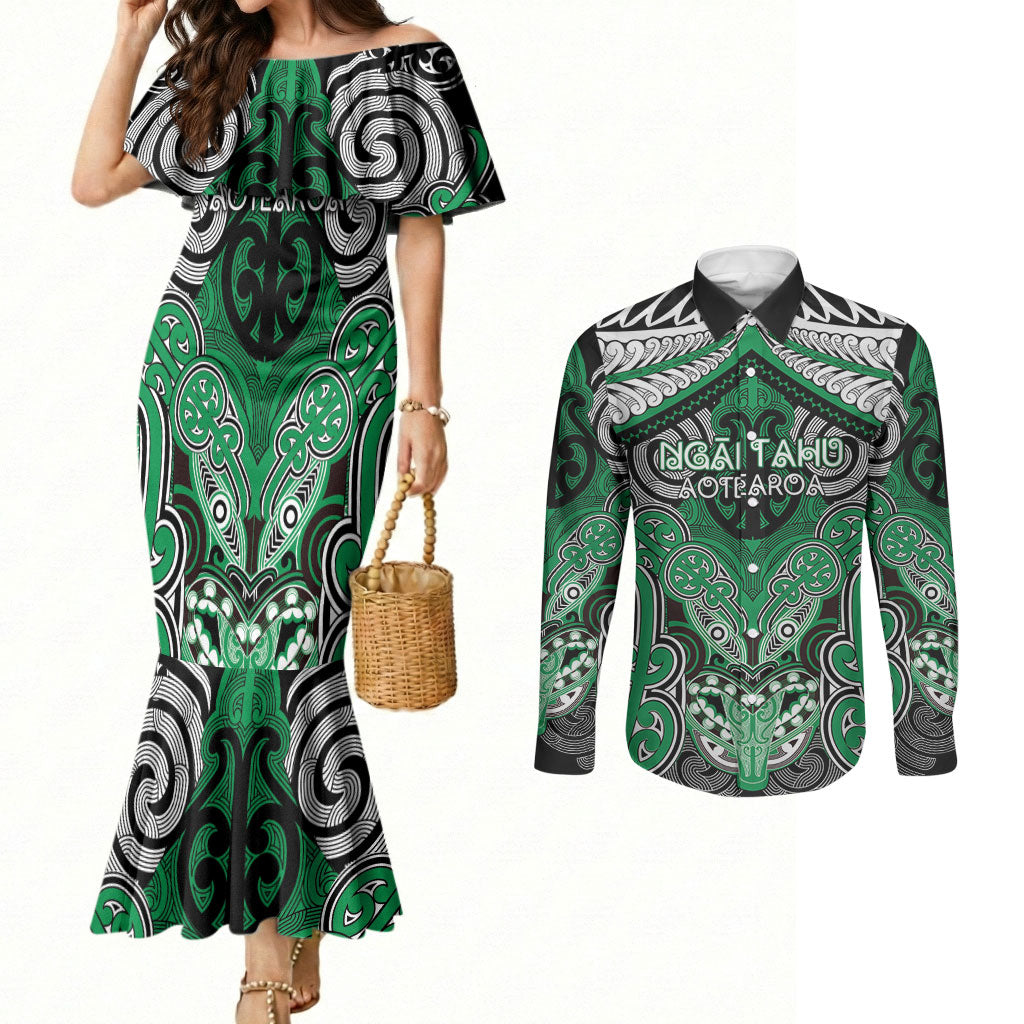 Aotearoa Iwi Ngai Tahu Personalised Couples Matching Mermaid Dress and Long Sleeve Button Shirt Maori Kowhaiwhai Pattern LT19 Green - Polynesian Pride