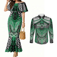 Aotearoa Iwi Ngai Tahu Personalised Couples Matching Mermaid Dress and Long Sleeve Button Shirt Maori Kowhaiwhai Pattern LT19 Green - Polynesian Pride