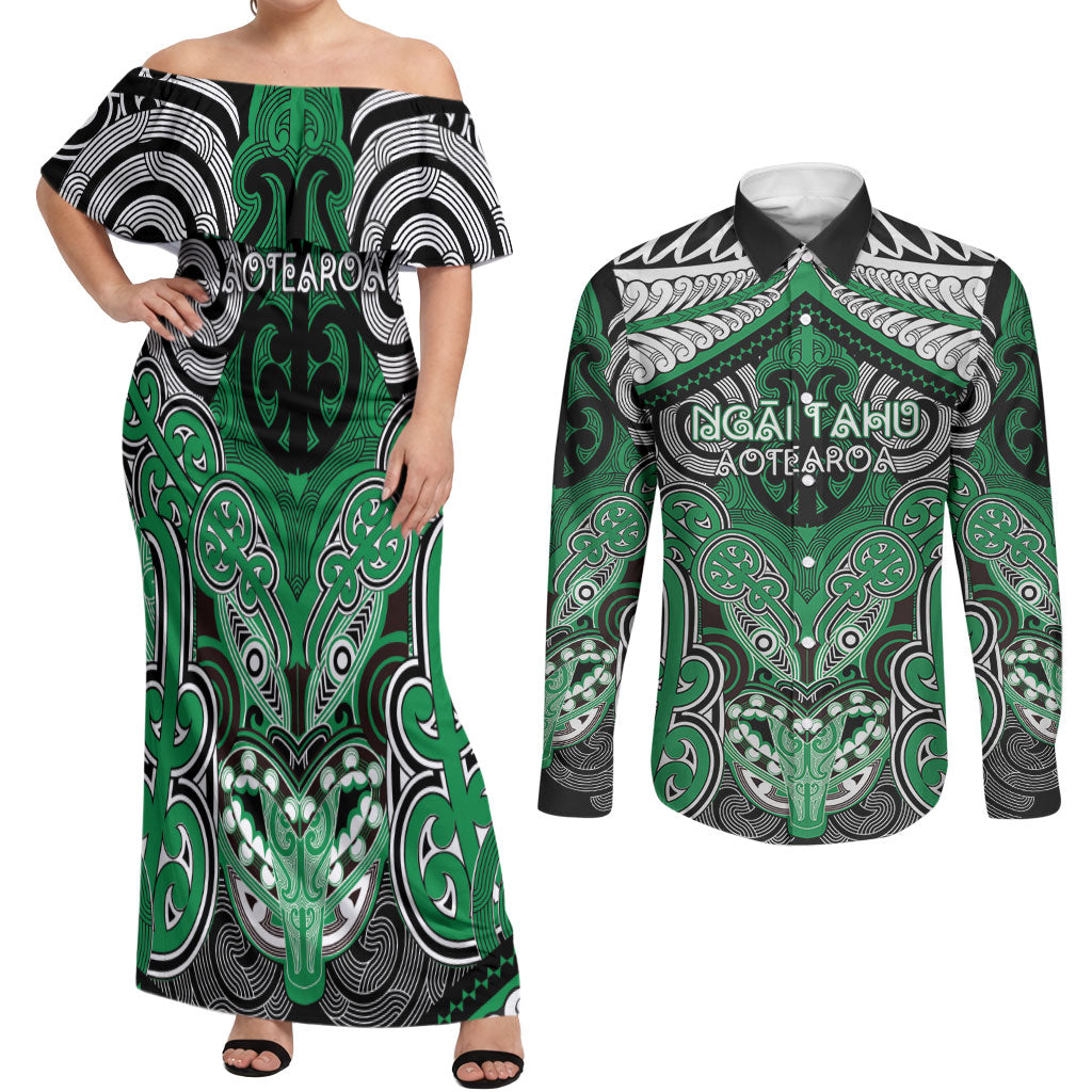 Aotearoa Iwi Ngai Tahu Personalised Couples Matching Off Shoulder Maxi Dress and Long Sleeve Button Shirt Maori Kowhaiwhai Pattern LT19 Green - Polynesian Pride