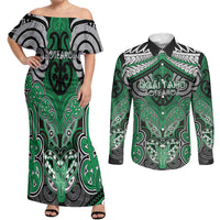 Aotearoa Iwi Ngai Tahu Personalised Couples Matching Off Shoulder Maxi Dress and Long Sleeve Button Shirt Maori Kowhaiwhai Pattern LT19 Green - Polynesian Pride