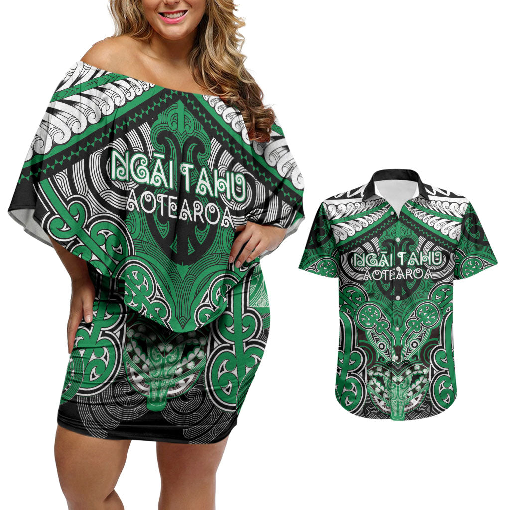 Aotearoa Iwi Ngai Tahu Personalised Couples Matching Off Shoulder Short Dress and Hawaiian Shirt Maori Kowhaiwhai Pattern LT19 Green - Polynesian Pride
