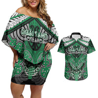 Aotearoa Iwi Ngai Tahu Personalised Couples Matching Off Shoulder Short Dress and Hawaiian Shirt Maori Kowhaiwhai Pattern LT19 Green - Polynesian Pride