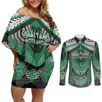 Aotearoa Iwi Ngai Tahu Personalised Couples Matching Off Shoulder Short Dress and Long Sleeve Button Shirt Maori Kowhaiwhai Pattern LT19 Green - Polynesian Pride