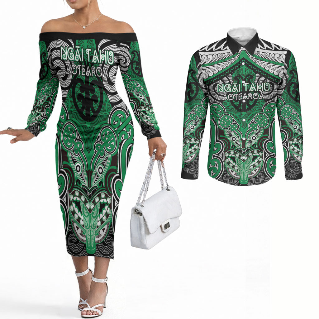 Aotearoa Iwi Ngai Tahu Personalised Couples Matching Off The Shoulder Long Sleeve Dress and Long Sleeve Button Shirt Maori Kowhaiwhai Pattern LT19 Green - Polynesian Pride