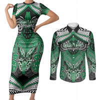 Aotearoa Iwi Ngai Tahu Personalised Couples Matching Short Sleeve Bodycon Dress and Long Sleeve Button Shirt Maori Kowhaiwhai Pattern LT19 Green - Polynesian Pride