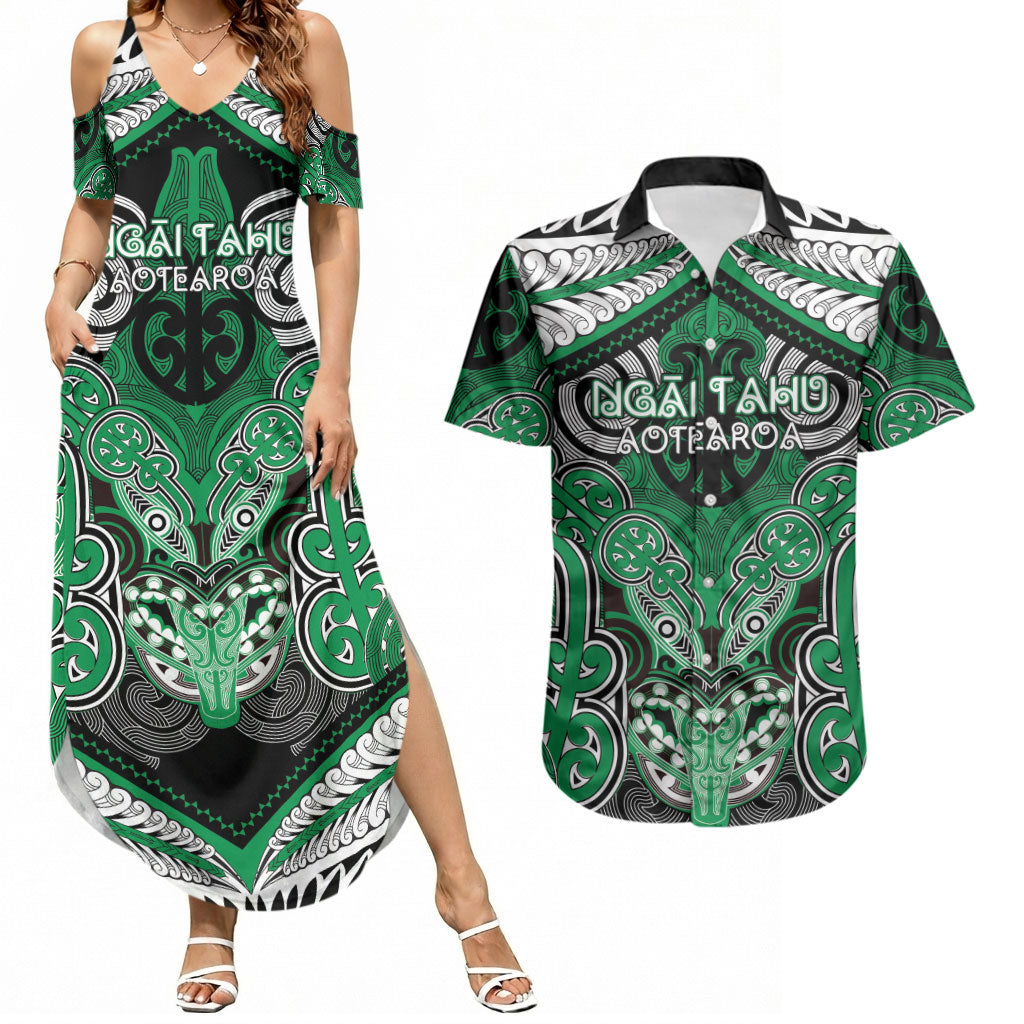 Aotearoa Iwi Ngai Tahu Personalised Couples Matching Summer Maxi Dress and Hawaiian Shirt Maori Kowhaiwhai Pattern LT19 Green - Polynesian Pride