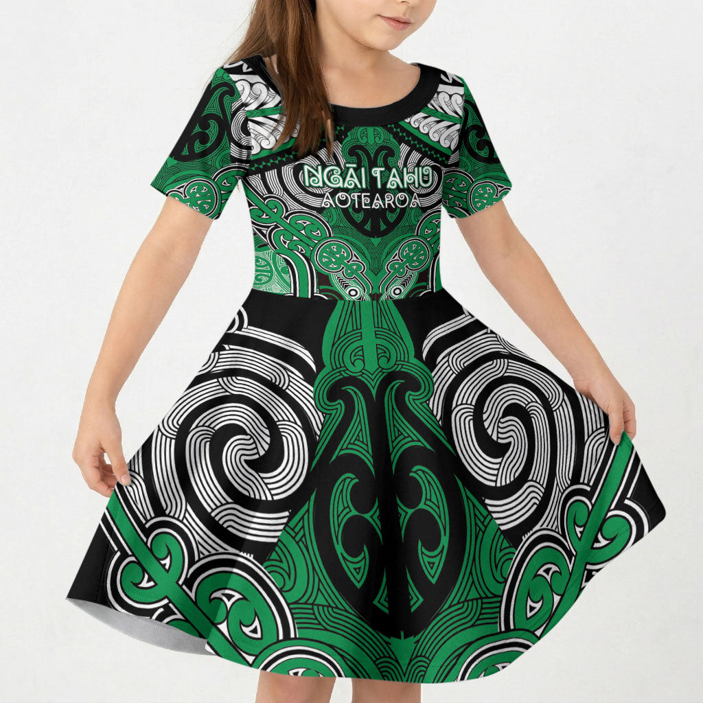 Aotearoa Iwi Ngai Tahu Personalised Kid Short Sleeve Dress Maori Kowhaiwhai Pattern LT19 KID Green - Polynesian Pride