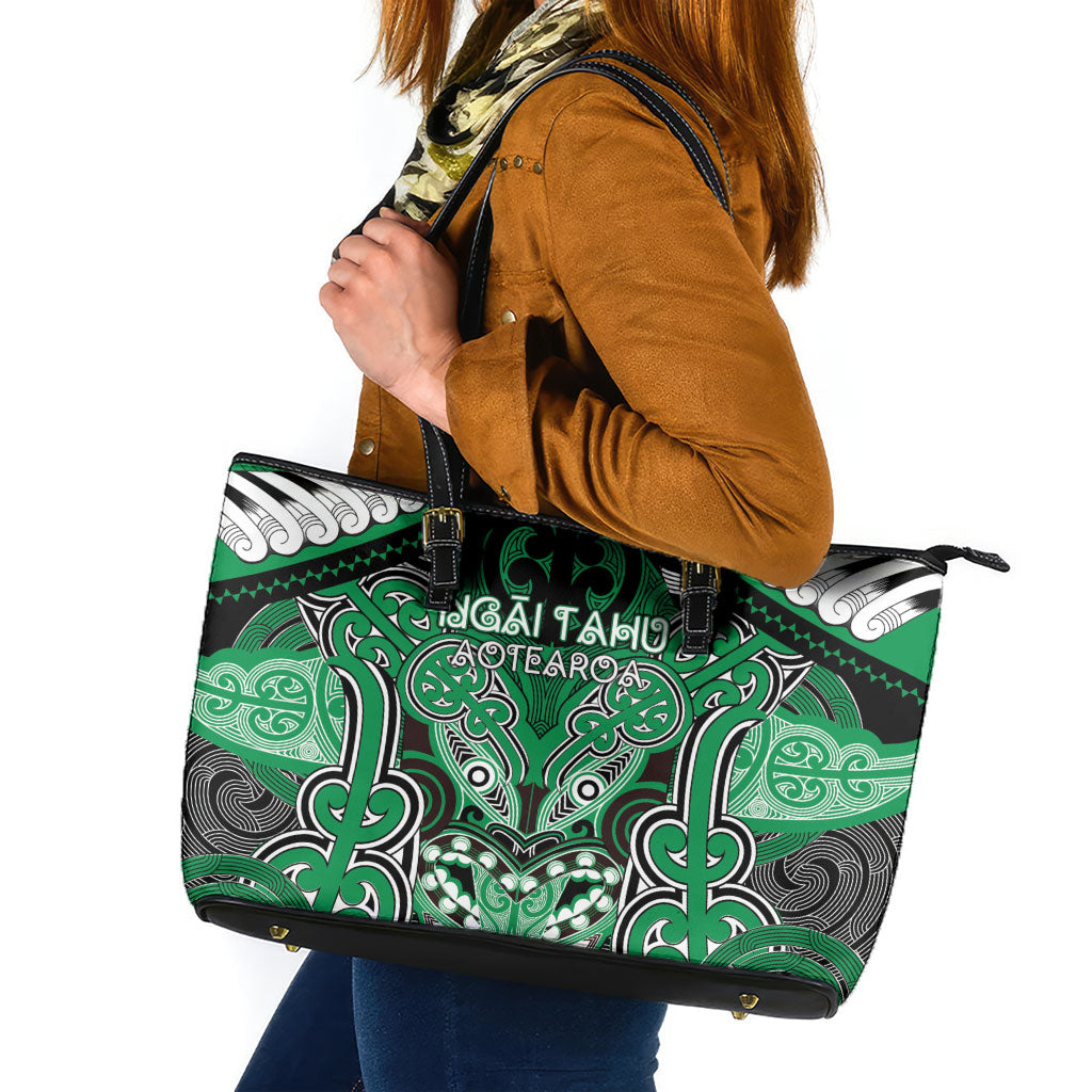 Aotearoa Iwi Ngai Tahu Leather Tote Bag Maori Kowhaiwhai Pattern LT19 Green - Polynesian Pride