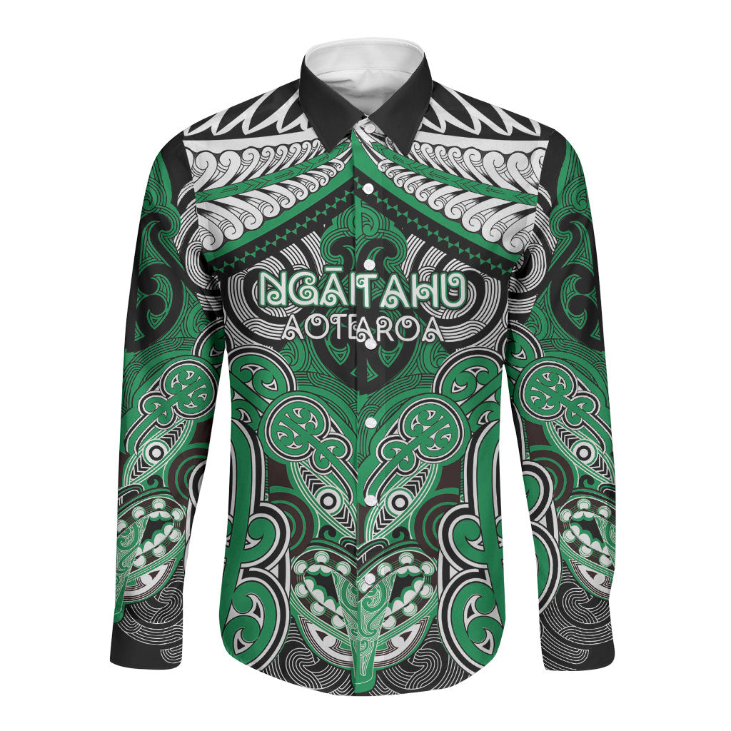 Aotearoa Iwi Ngai Tahu Personalised Long Sleeve Button Shirt Maori Kowhaiwhai Pattern LT19 Unisex Green - Polynesian Pride