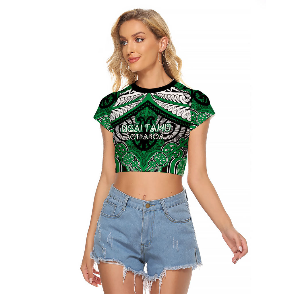 Aotearoa Iwi Ngai Tahu Personalised Raglan Cropped T Shirt Maori Kowhaiwhai Pattern LT19 Female Green - Polynesian Pride