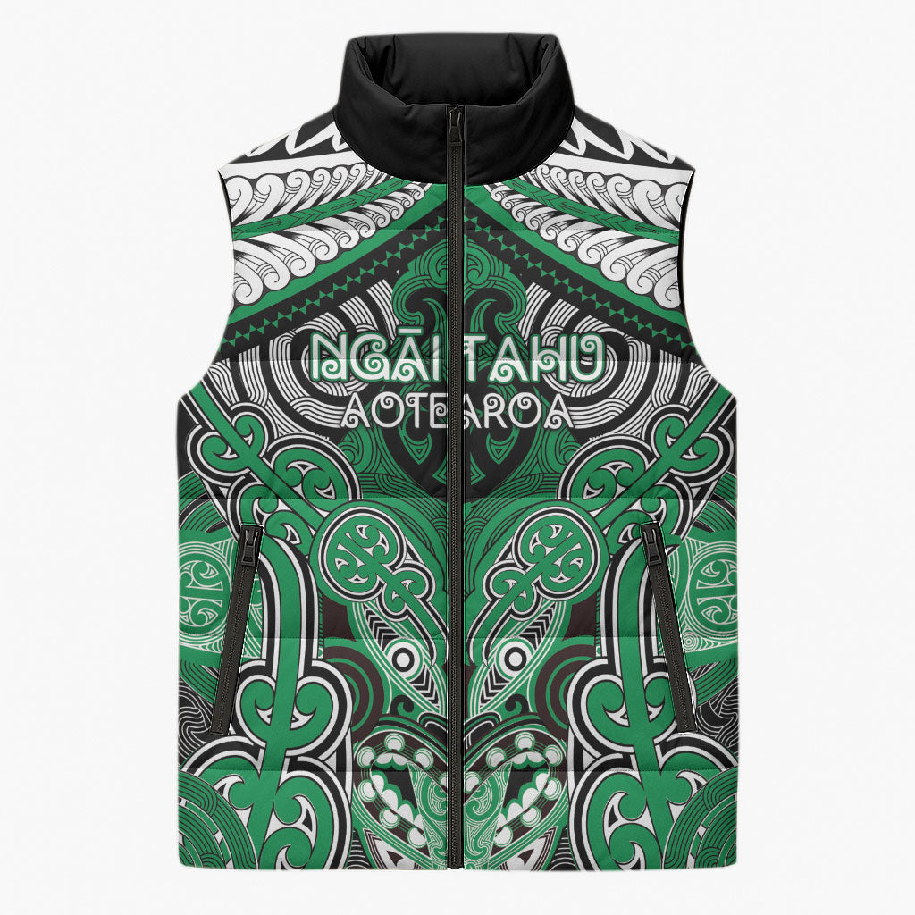 Aotearoa Iwi Ngai Tahu Personalised Sleeveless Puffer Jacket Maori Kowhaiwhai Pattern LT19 Unisex Green - Polynesian Pride