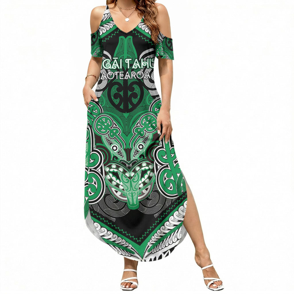 Aotearoa Iwi Ngai Tahu Personalised Summer Maxi Dress Maori Kowhaiwhai Pattern LT19 Women Green - Polynesian Pride