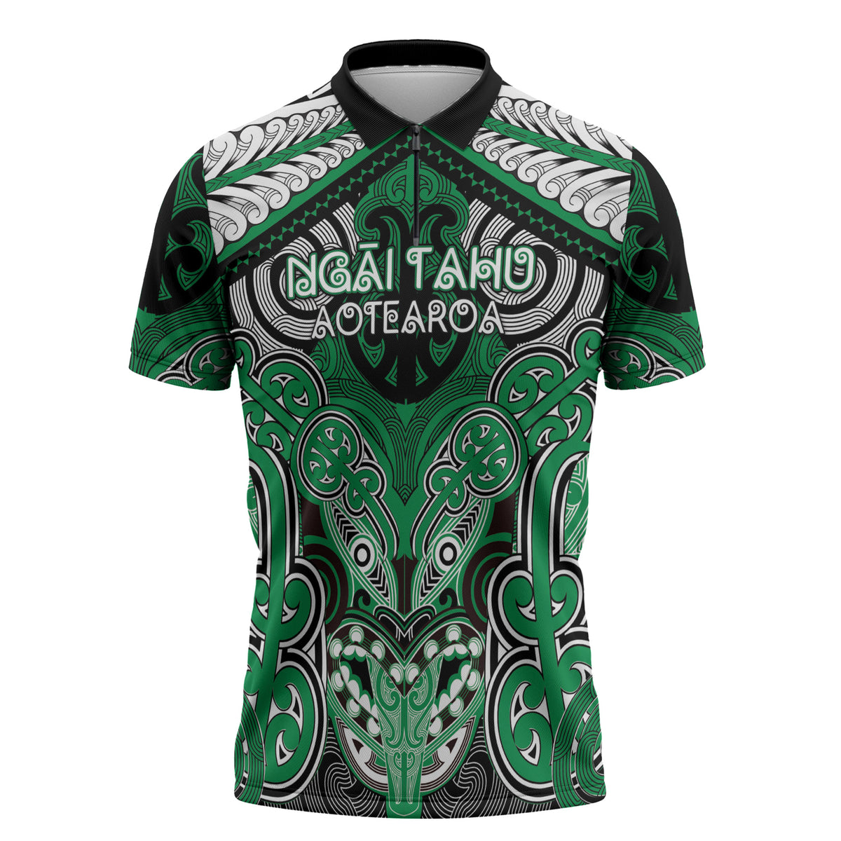 Aotearoa Iwi Ngai Tahu Personalised Zipper Polo Shirt Maori Kowhaiwhai Pattern LT19 Green - Polynesian Pride