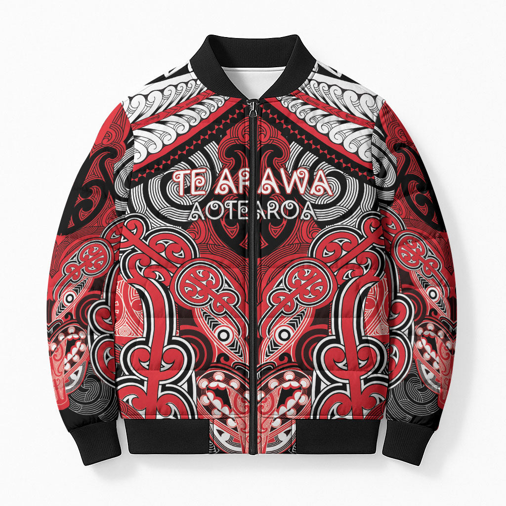 Aotearoa Iwi Te Arawa Personalised Bomber Puffer Jacket Maori Kowhaiwhai Pattern LT19 Unisex Red - Polynesian Pride