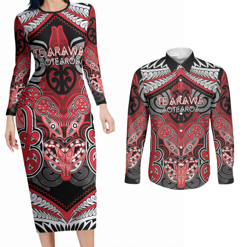 Aotearoa Iwi Te Arawa Personalised Couples Matching Long Sleeve Bodycon Dress and Long Sleeve Button Shirt Maori Kowhaiwhai Pattern LT19 Red - Polynesian Pride