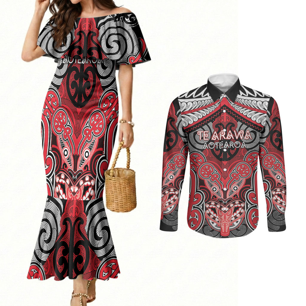 Aotearoa Iwi Te Arawa Personalised Couples Matching Mermaid Dress and Long Sleeve Button Shirt Maori Kowhaiwhai Pattern LT19 Red - Polynesian Pride