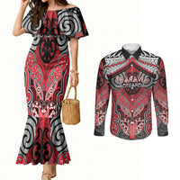 Aotearoa Iwi Te Arawa Personalised Couples Matching Mermaid Dress and Long Sleeve Button Shirt Maori Kowhaiwhai Pattern LT19 Red - Polynesian Pride