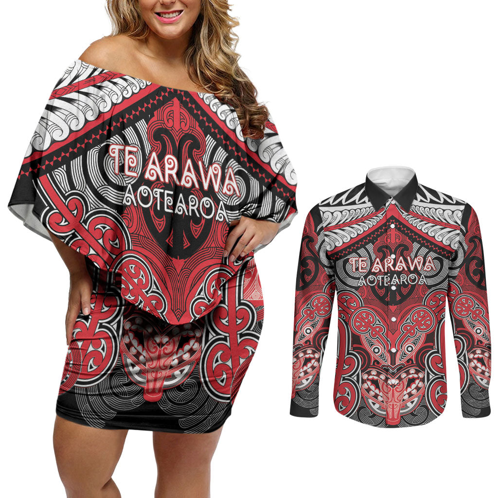 Aotearoa Iwi Te Arawa Personalised Couples Matching Off Shoulder Short Dress and Long Sleeve Button Shirt Maori Kowhaiwhai Pattern LT19 Red - Polynesian Pride