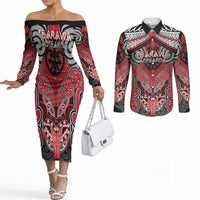 Aotearoa Iwi Te Arawa Personalised Couples Matching Off The Shoulder Long Sleeve Dress and Long Sleeve Button Shirt Maori Kowhaiwhai Pattern LT19 Red - Polynesian Pride