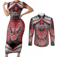 Aotearoa Iwi Te Arawa Personalised Couples Matching Short Sleeve Bodycon Dress and Long Sleeve Button Shirt Maori Kowhaiwhai Pattern LT19 Red - Polynesian Pride