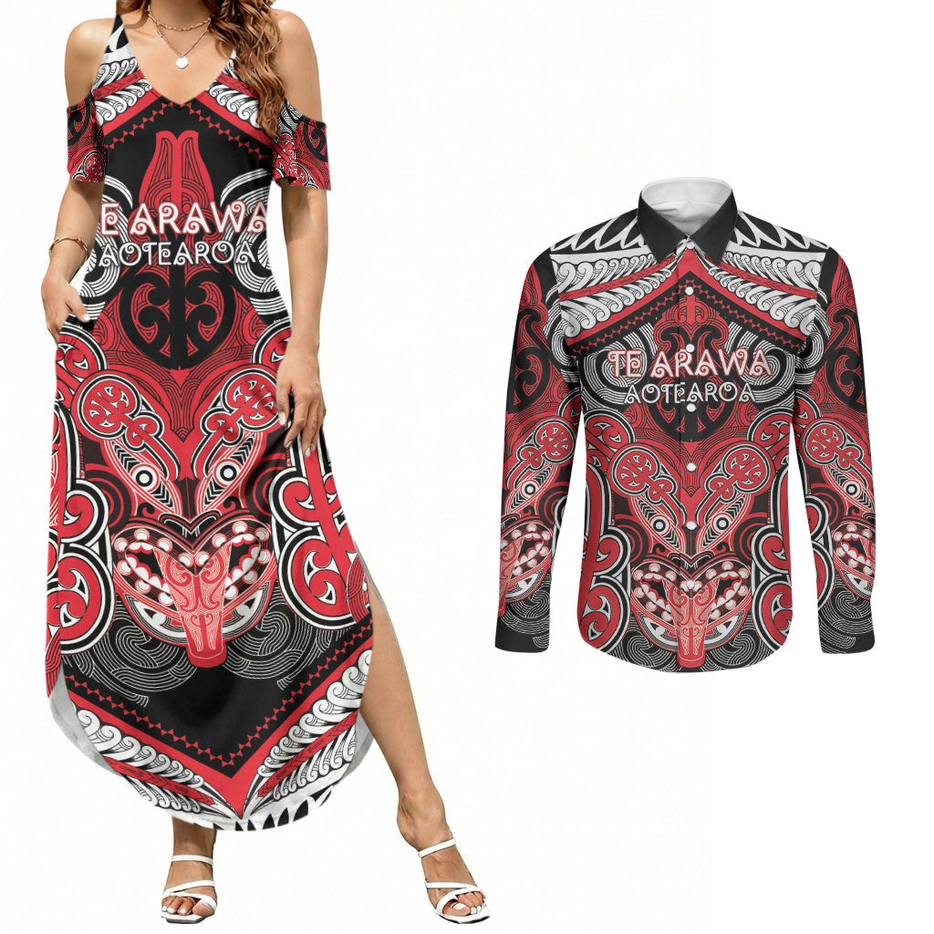 Aotearoa Iwi Te Arawa Personalised Couples Matching Summer Maxi Dress and Long Sleeve Button Shirt Maori Kowhaiwhai Pattern LT19 Red - Polynesian Pride