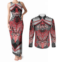 Aotearoa Iwi Te Arawa Personalised Couples Matching Tank Maxi Dress and Long Sleeve Button Shirt Maori Kowhaiwhai Pattern LT19 Red - Polynesian Pride