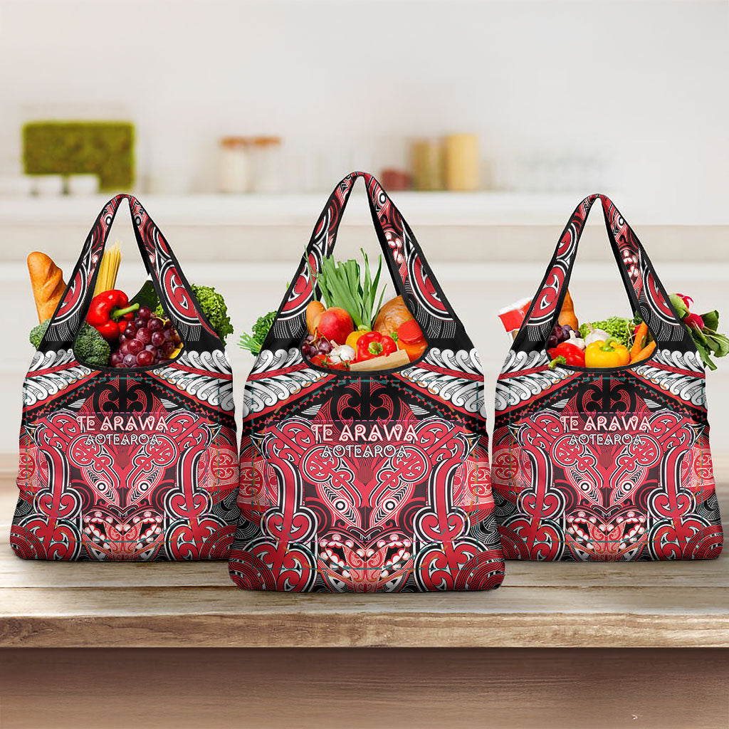 Aotearoa Iwi Te Arawa Grocery Bag Maori Kowhaiwhai Pattern LT19 3-pack One Size Red - Polynesian Pride