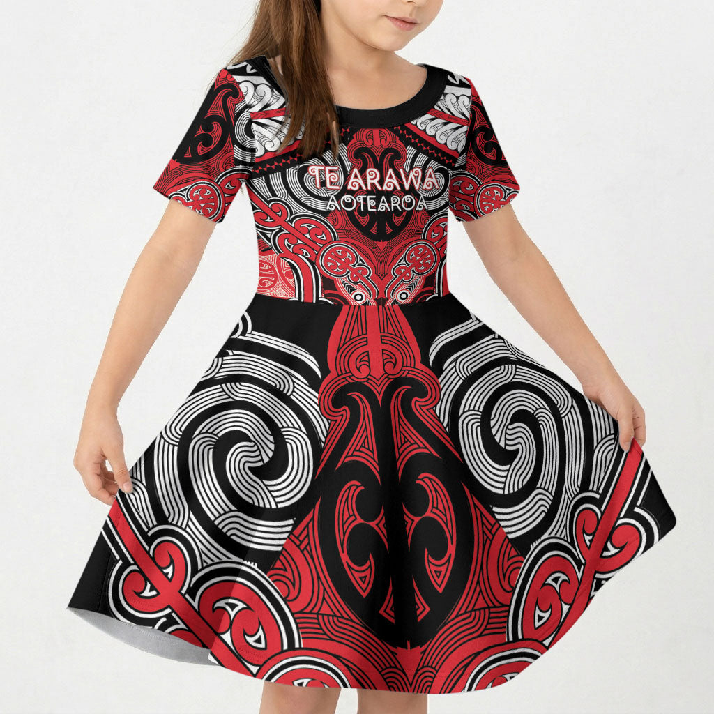 Aotearoa Iwi Te Arawa Personalised Kid Short Sleeve Dress Maori Kowhaiwhai Pattern LT19 KID Red - Polynesian Pride