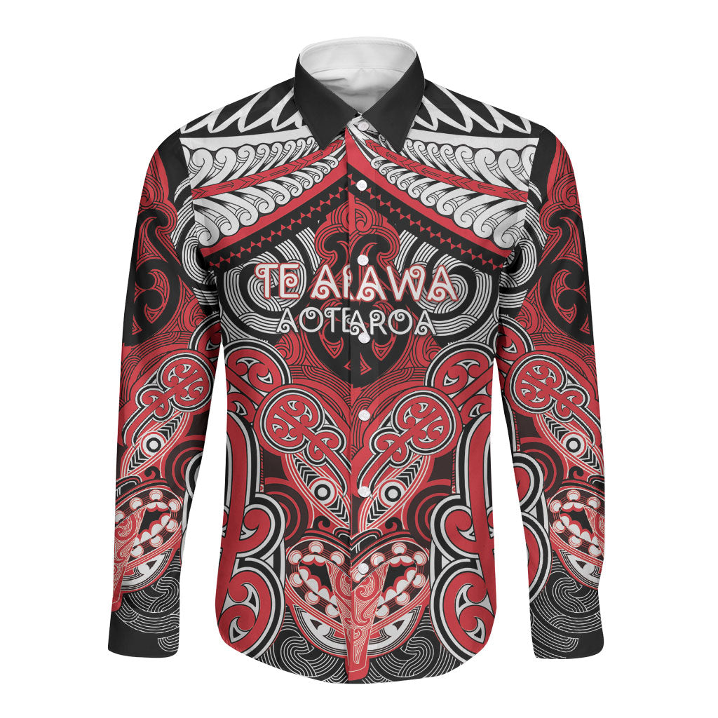 Aotearoa Iwi Te Arawa Personalised Long Sleeve Button Shirt Maori Kowhaiwhai Pattern LT19 Unisex Red - Polynesian Pride